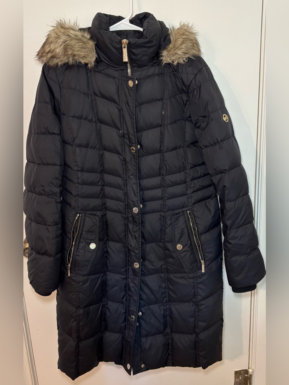 MICHAEL Michael Kors Black Quilted Long Puffer with Faux Fur Hood